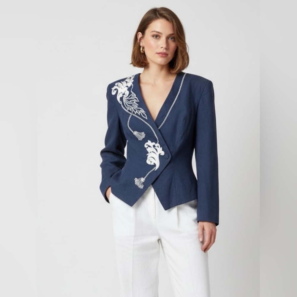 Vintage Nancy Johnson Navy Embroidered Linen Blazer Jacket Size 6 Fits Modern S